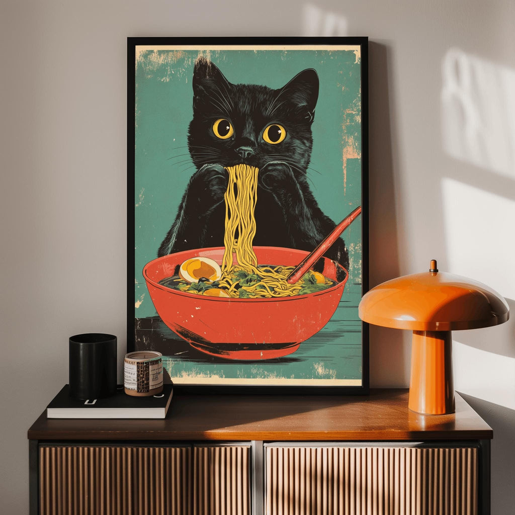 Cat Ramen Poster – Retro Japanese Kitchen Art Print | Digital Download