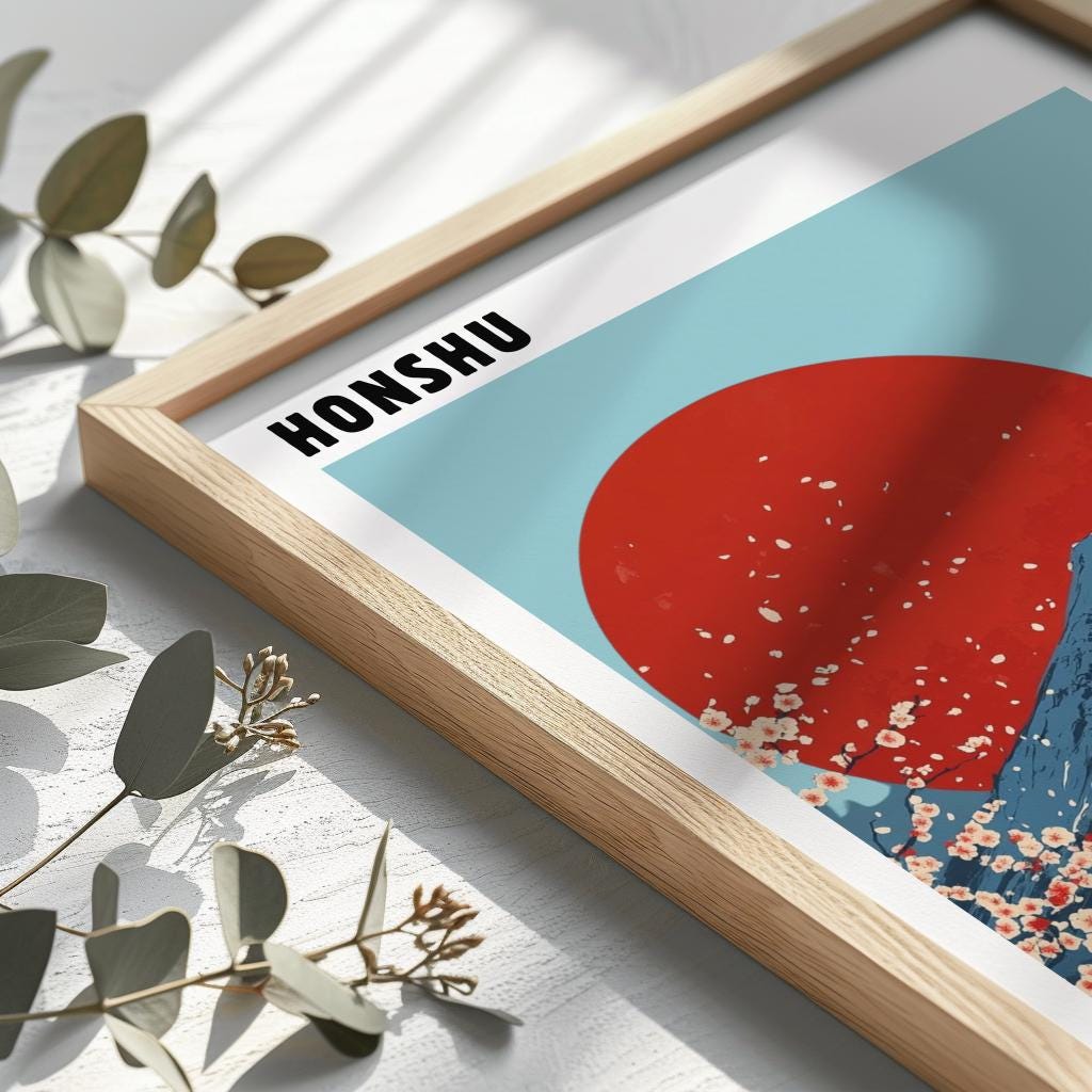 Mount Fuji Wall Art, Honshu Japan Poster, Japanese Landscape Print, Cherry Blossom Decor, Japandi Wall Art