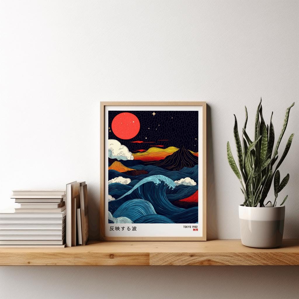 Japanese Wabi Sabi Wave Poster – Red Moon Japanese Wall Art (Digital Download)