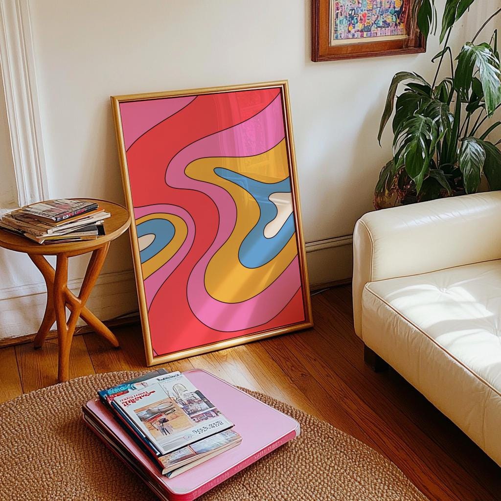 Retro Pink Wave Poster – 70s Colorful Abstract Wall Art | Digital Download