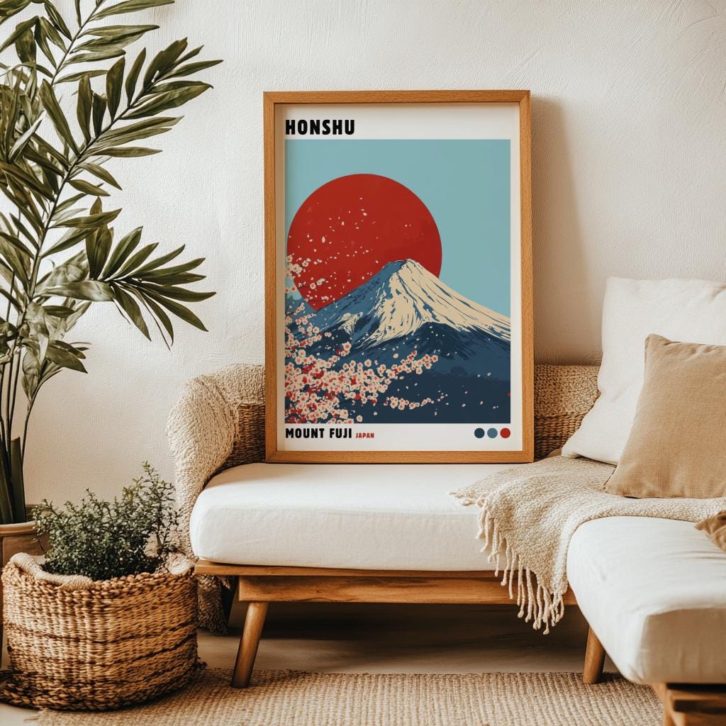 Mount Fuji Wall Art, Honshu Japan Poster, Japanese Landscape Print, Cherry Blossom Decor, Japandi Wall Art
