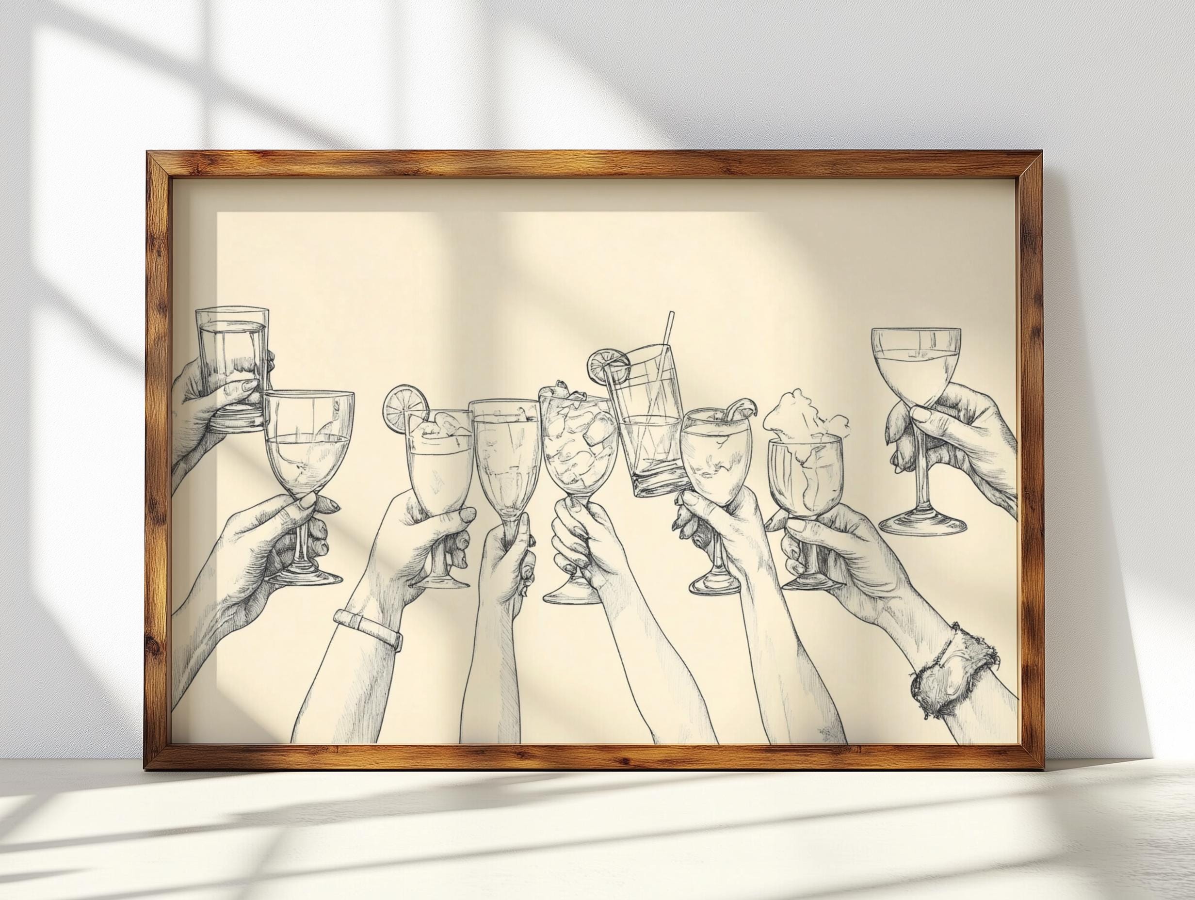 Cheers Line Art Bar Cart Poster – Minimal Cocktail Glasses Print (Digital Download)