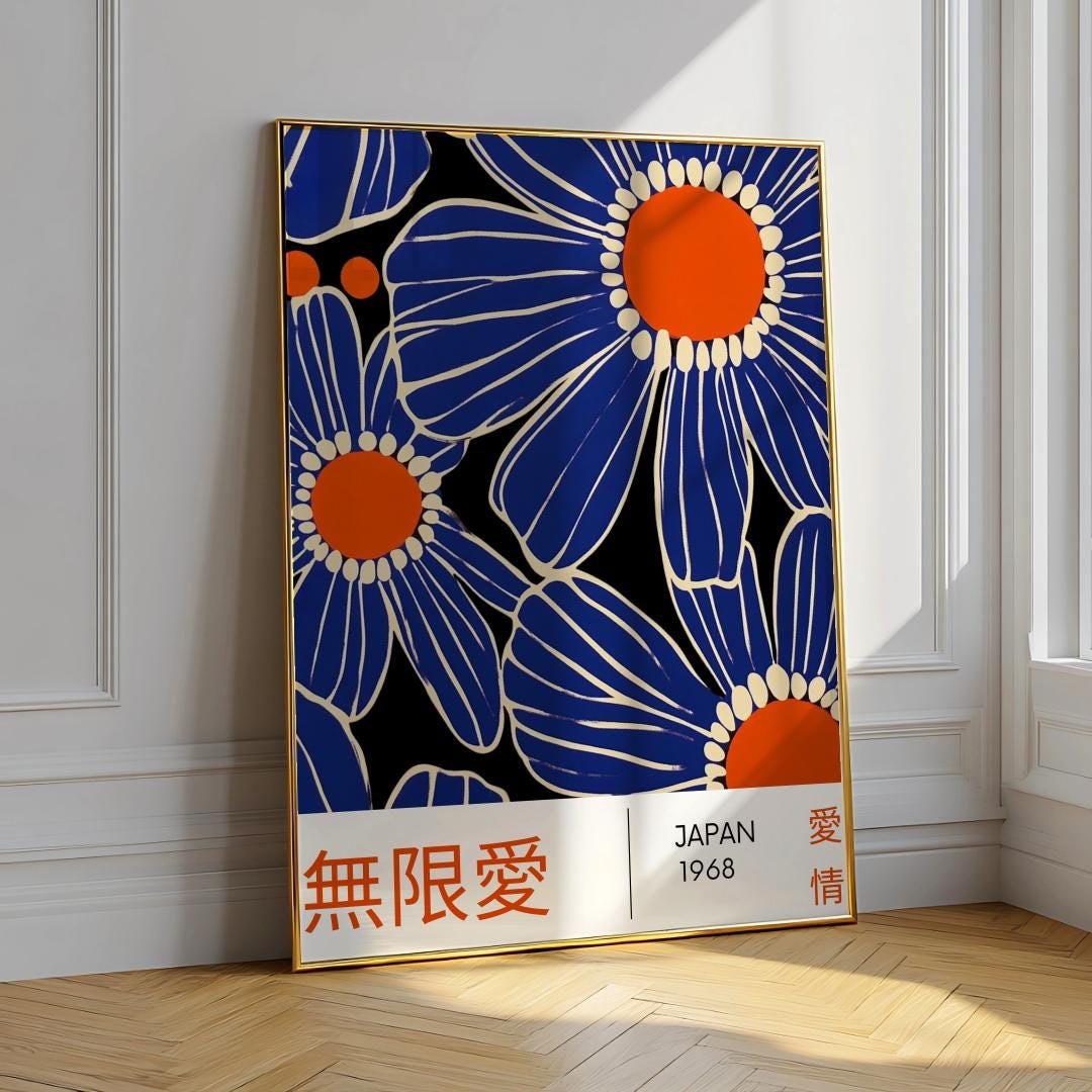 Japanese Blue Flower Poster – Minimal Japandi Floral Art Print (Digital Download)