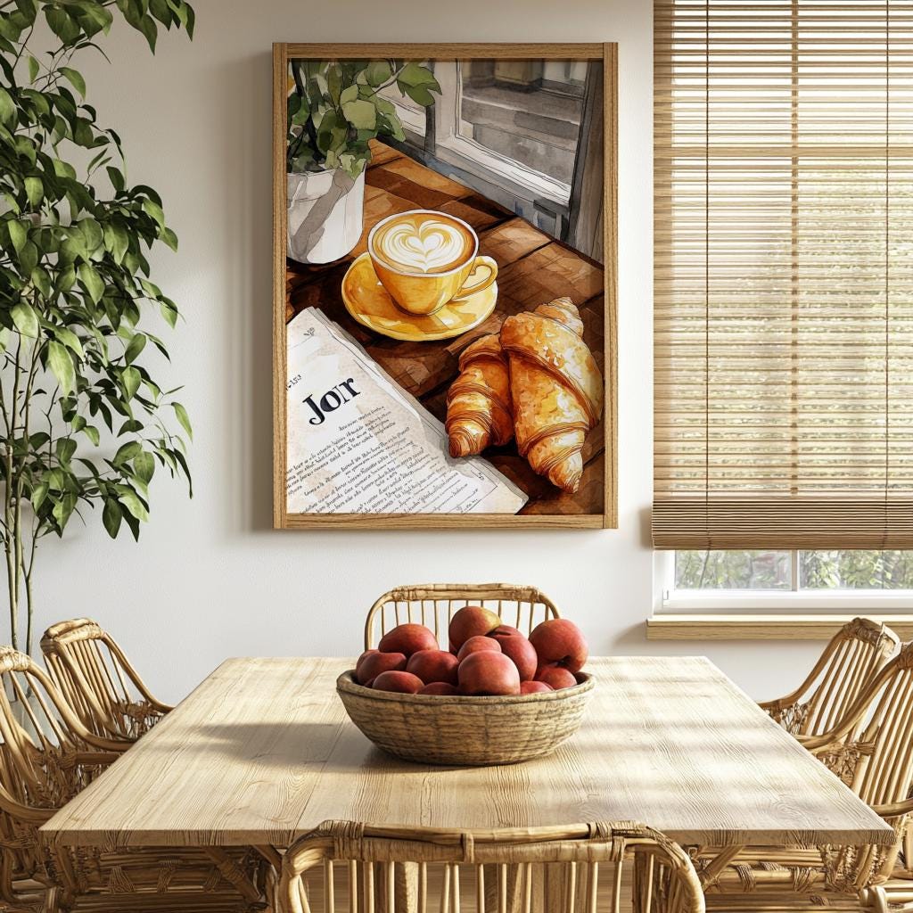 French Café Croissant Art Print – Coffee Bar Kitchen Wall Decor (Digital Download)