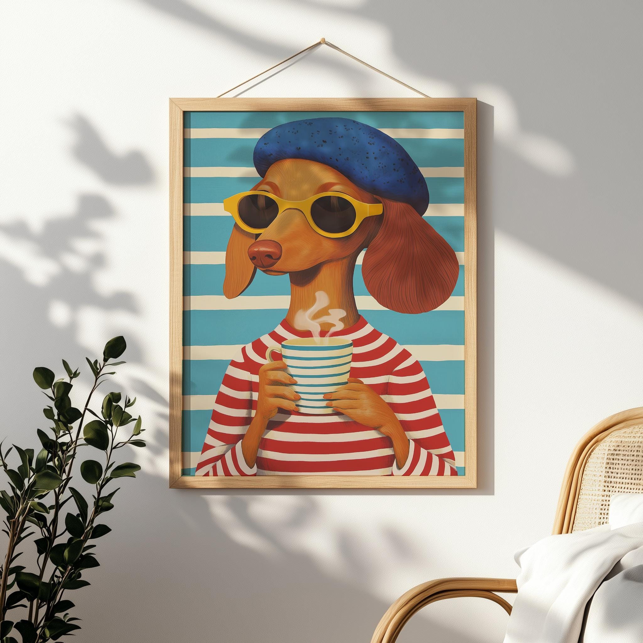 Coffee Lover Dog Art Print – Whimsical Mid-Century Wall Art (Digital Download)