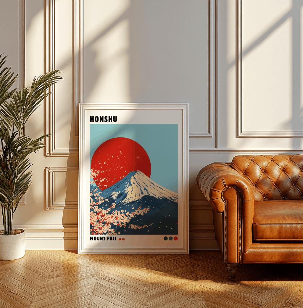 Mount Fuji Wall Art, Honshu Japan Poster, Japanese Landscape Print, Cherry Blossom Decor, Japandi Wall Art