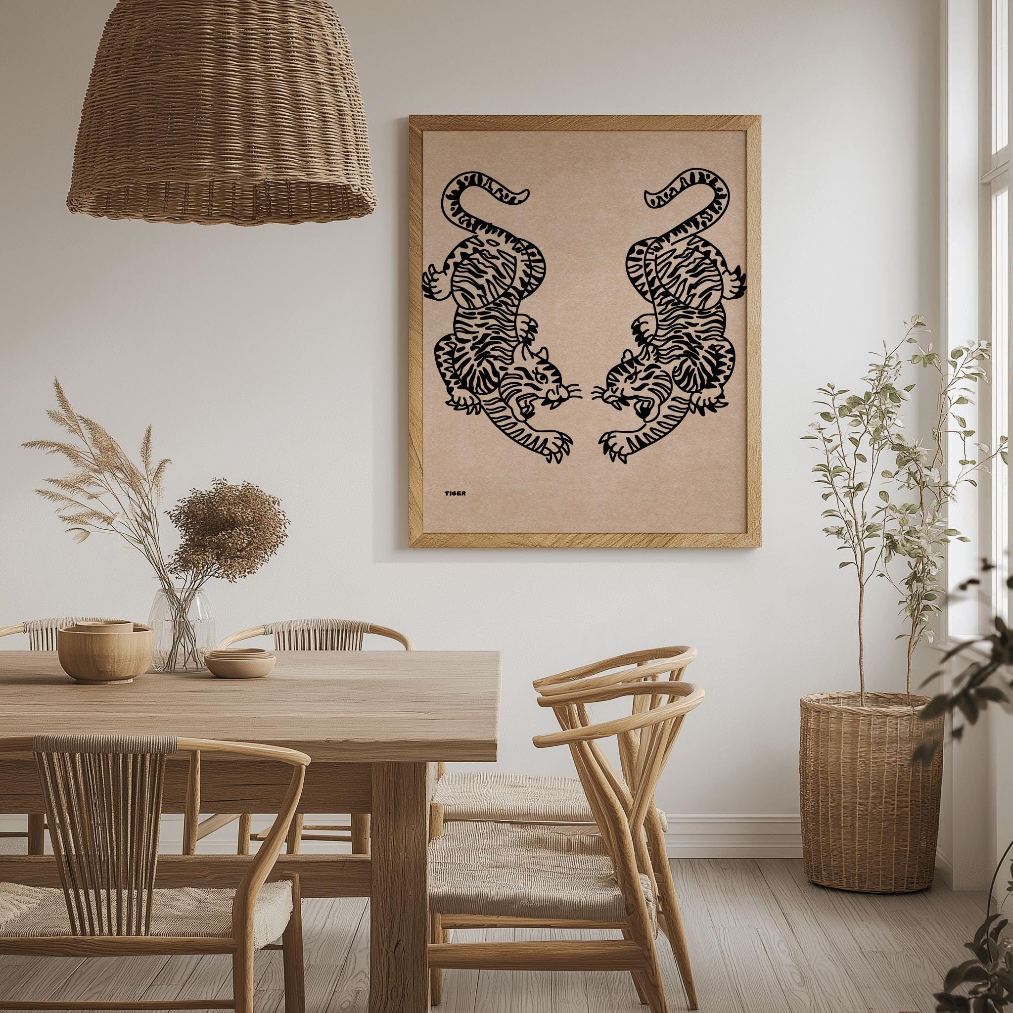 Minimalist Japanese Tiger Art Print – Twin Tiger Wall Art, Vintage Line Drawing Poster (Digital Download)