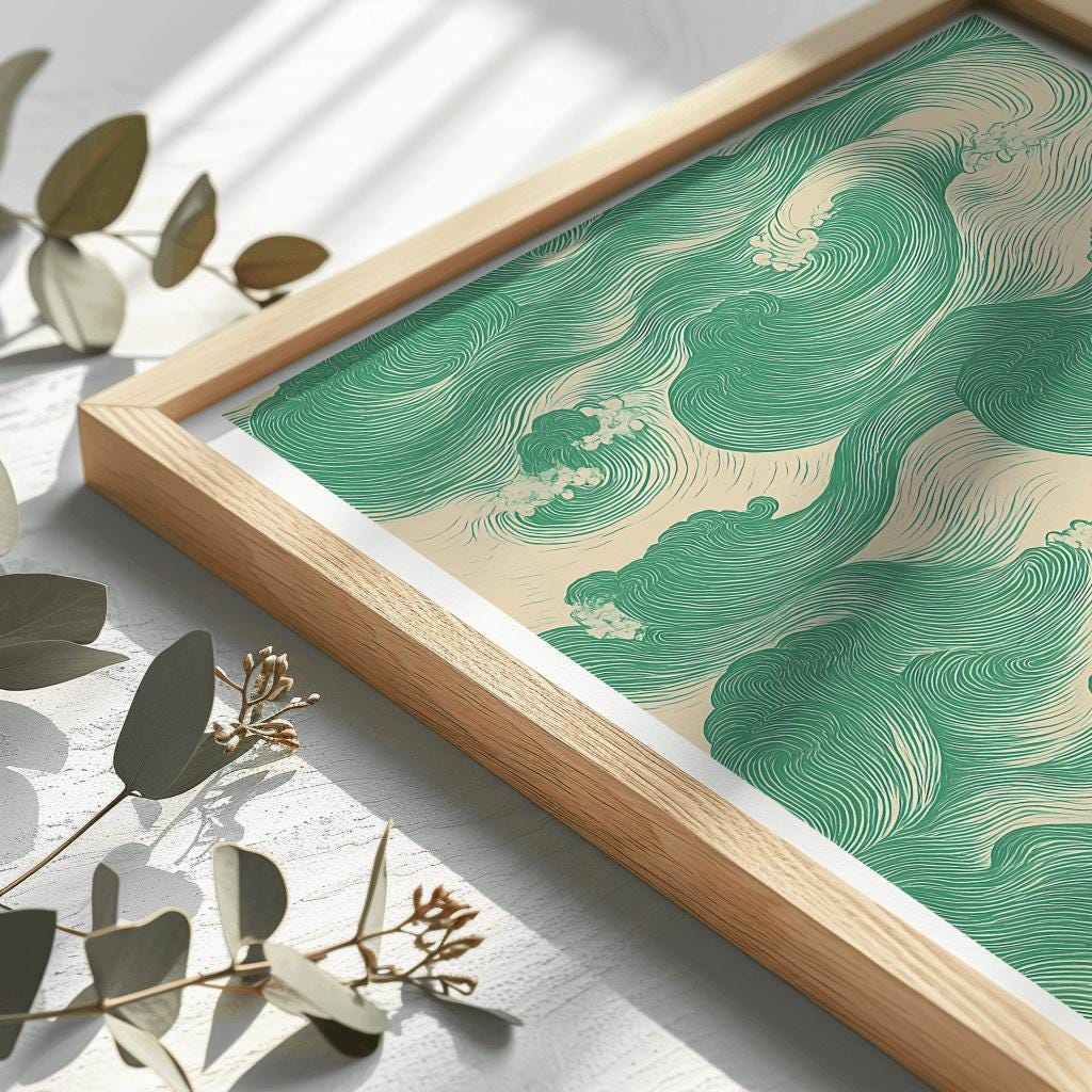 Green Japandi Waves Art Print – Japanese Wabi Sabi Wall Art (Digital Download)