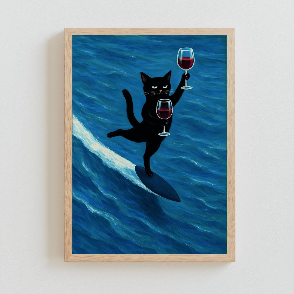 Funny Black Cat Surfing with Wine Poster – Whimsical Wall Art, Retro Bar Cart Decor (Digital Download)