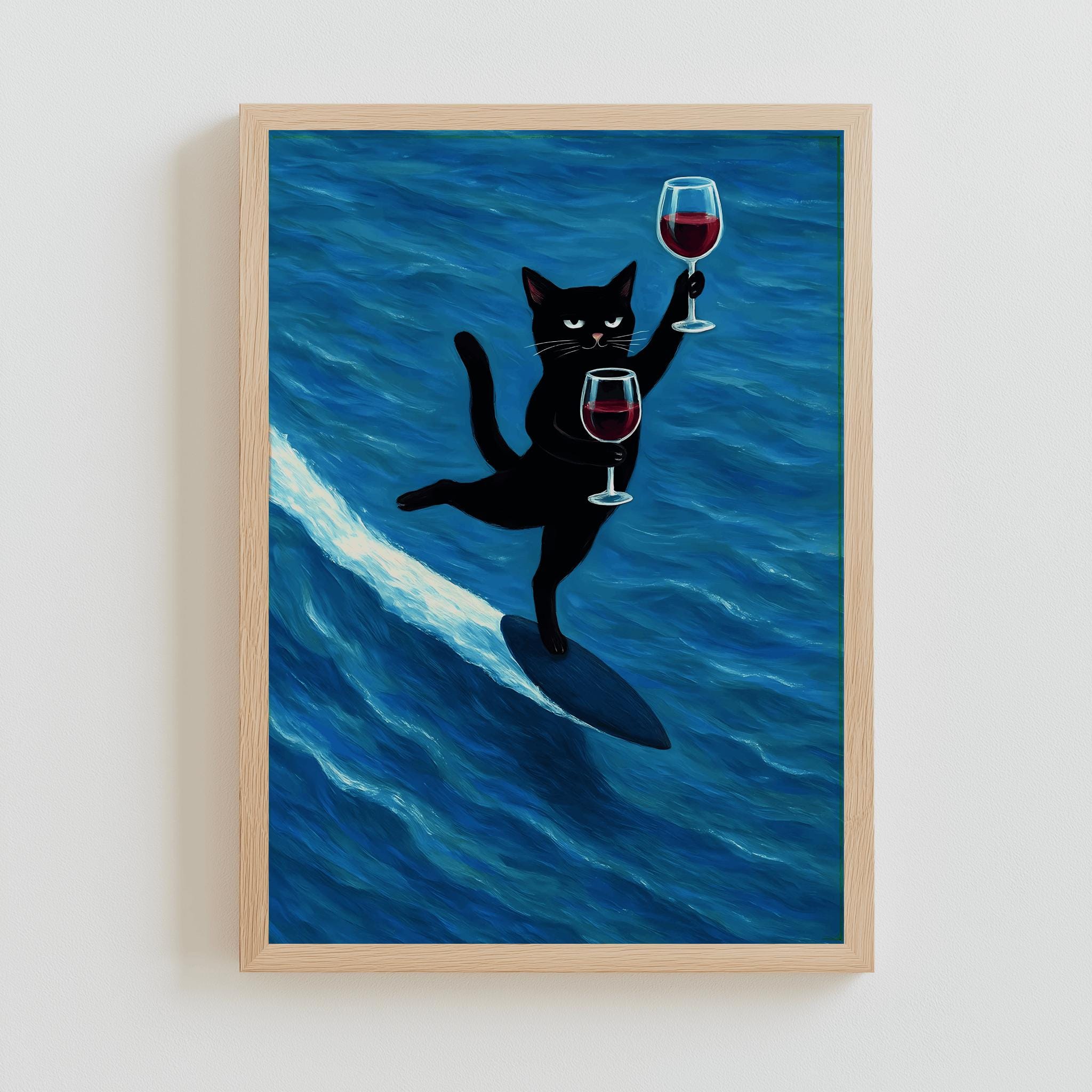 Funny Black Cat Surfing with Wine Poster – Whimsical Wall Art, Retro Bar Cart Decor (Digital Download)