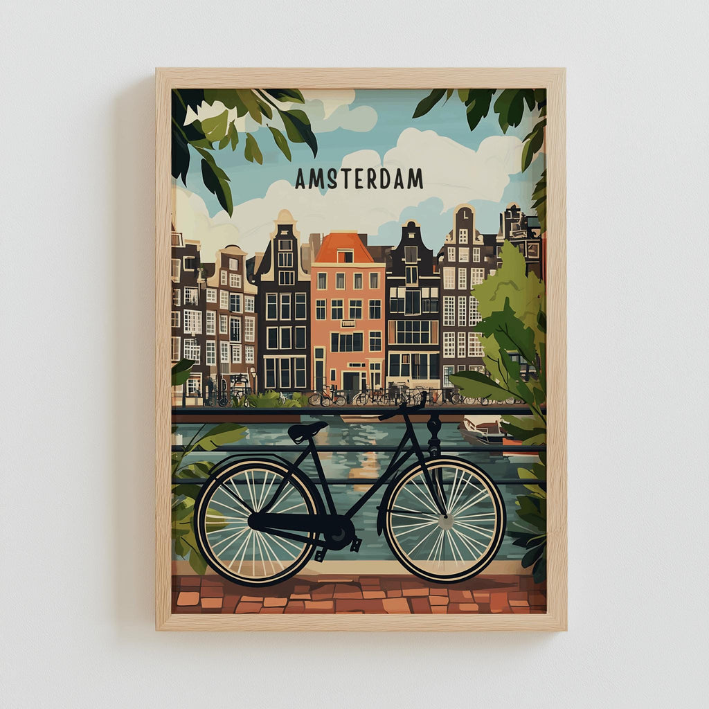 Amsterdam Travel Art Print – Netherlands Canal & Bicycle Poster (Digital Download)