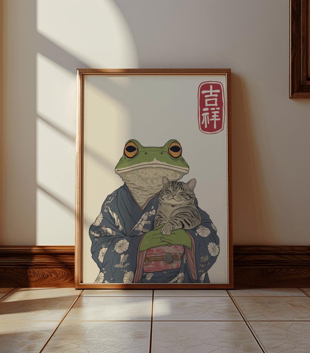 Matsumoto Hoji Frog & Cat Art Print – Vintage Japanese Ukiyo-e Poster (Digital Download)