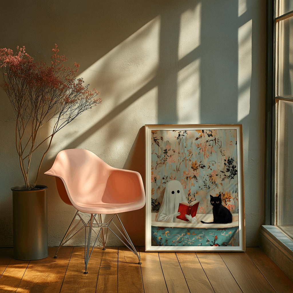 Ghost & Black Cat Bathtub Print – Cozy Spooky Wall Art (Digital Download)