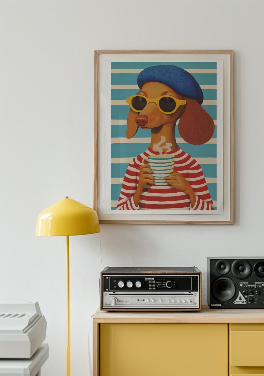Coffee Lover Dog Art Print – Whimsical Mid-Century Wall Art (Digital Download)