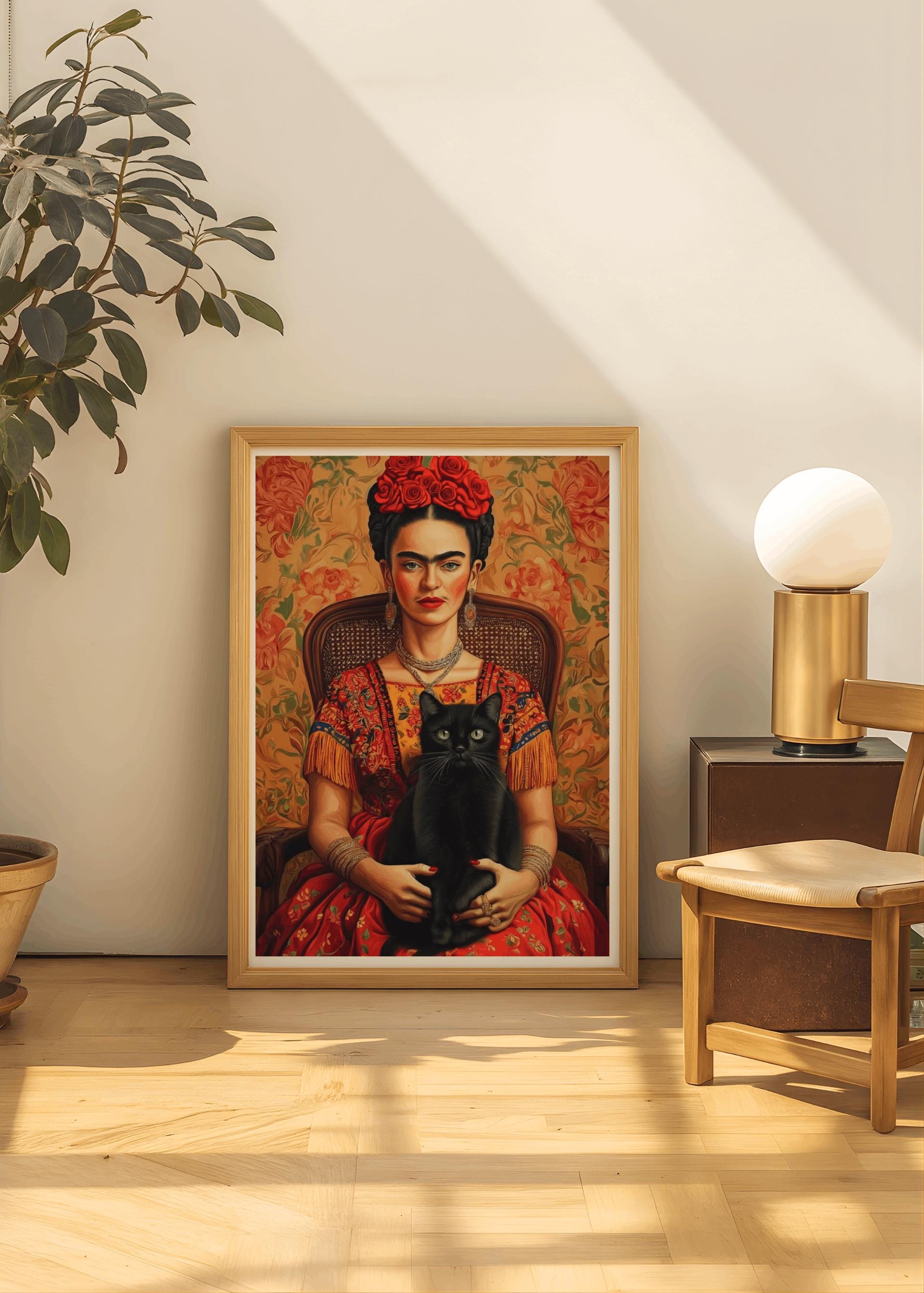 Frida Kahlo Poster – Mexican Feminist Art Print with Black Cat, Vintage Portrait Wall Art, Digital Download