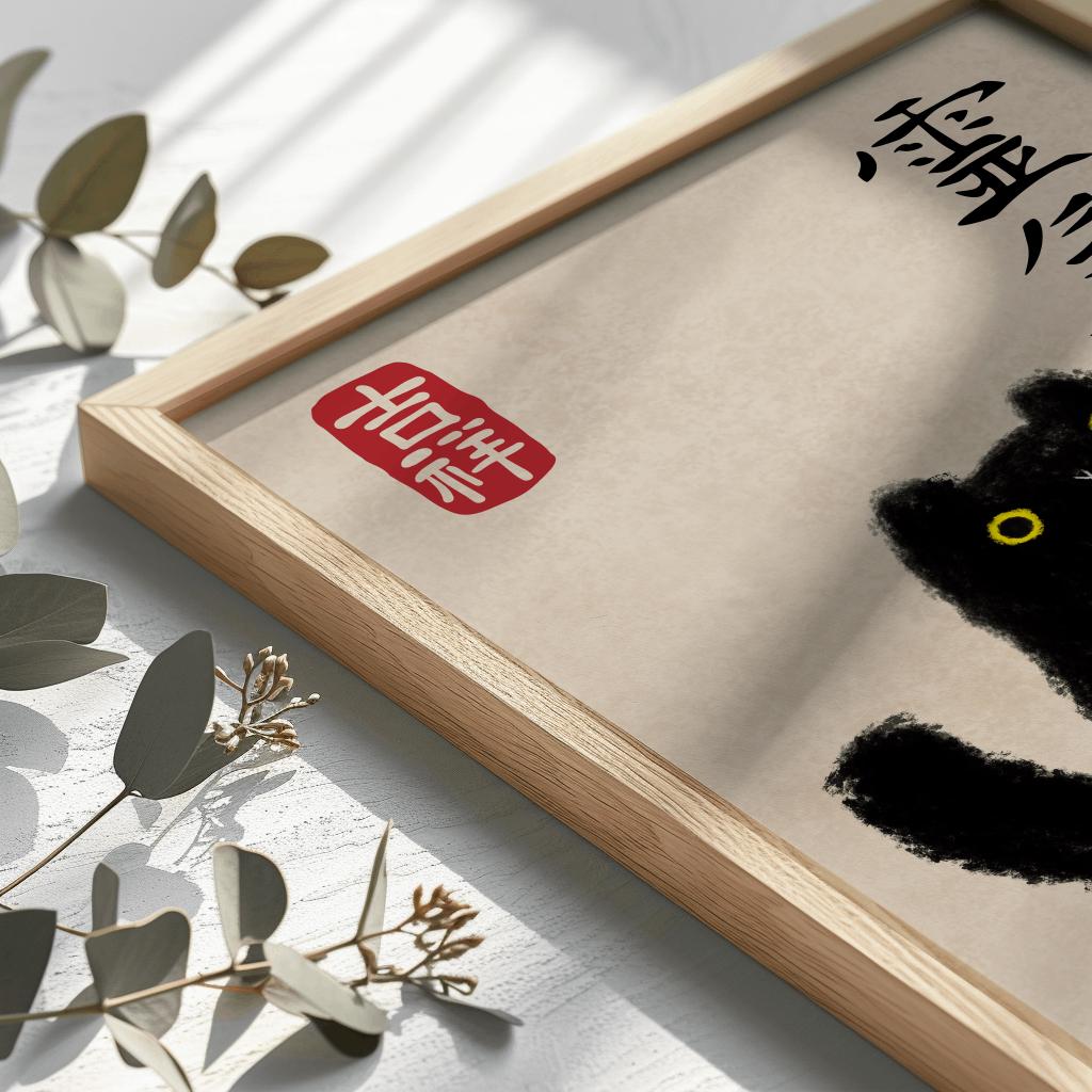 Black Cat Japanese Art Print – Cute Vintage Woodblock Style Poster (Digital Download)