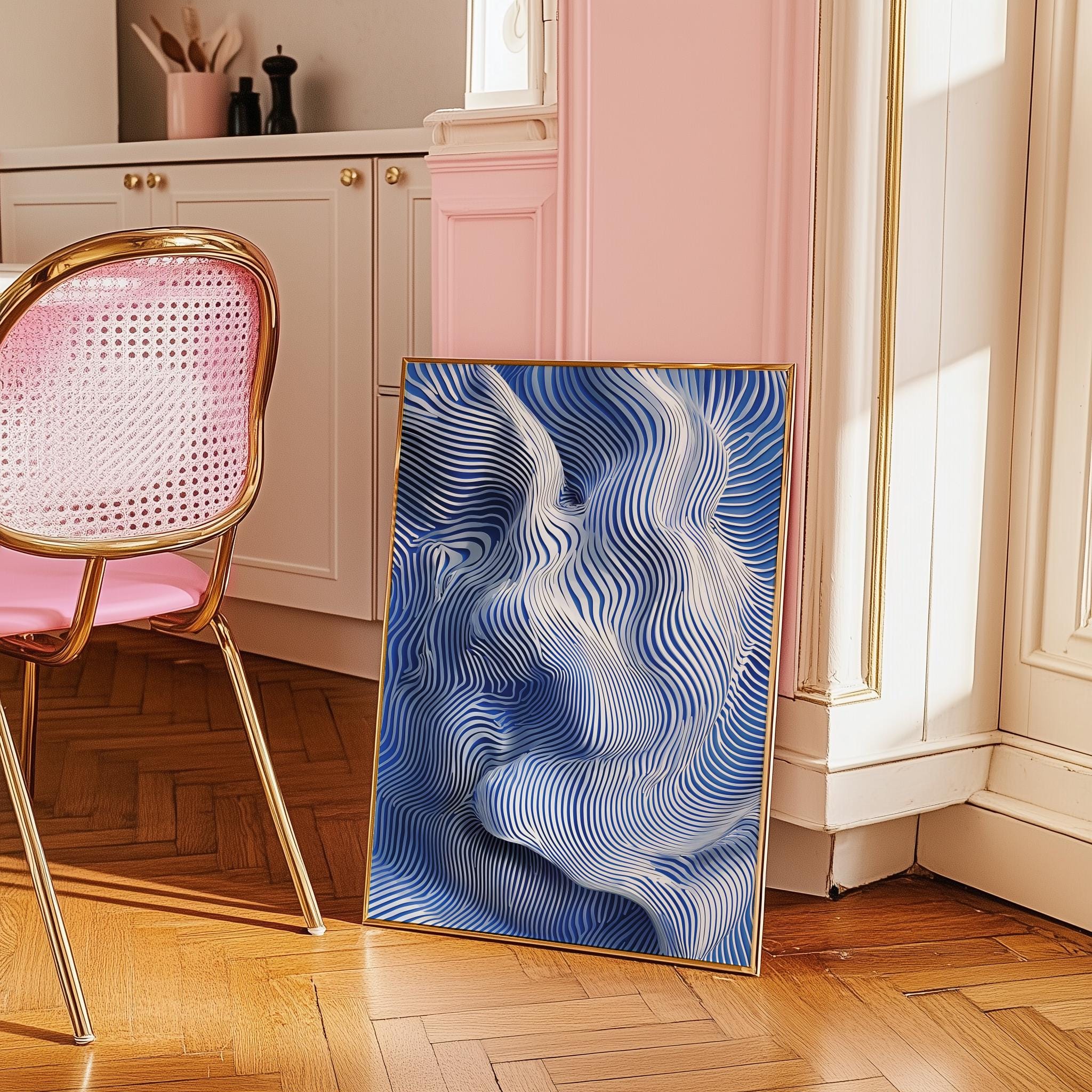 Navy Blue Abstract Line Art Print – Minimalist Fluid Pattern Wall Art (Digital Download)