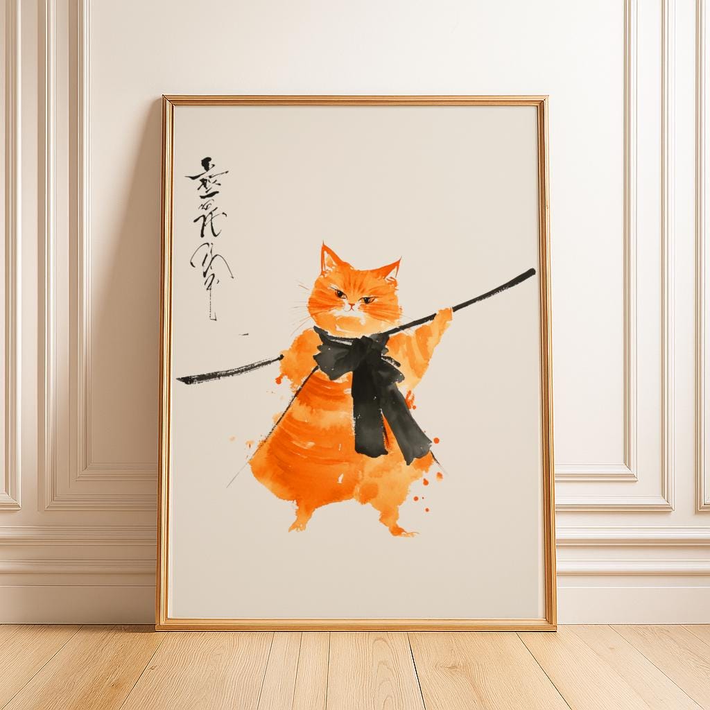 Japanese Samurai Cat Poster – Orange Watercolor Sumi-e Art Print (Digital Download)