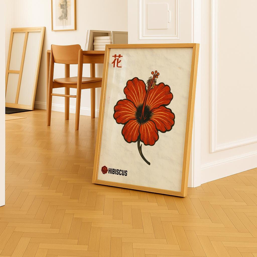 Japanese Hibiscus Art Print – Rustic Botanical Flower Poster (Digital Download)