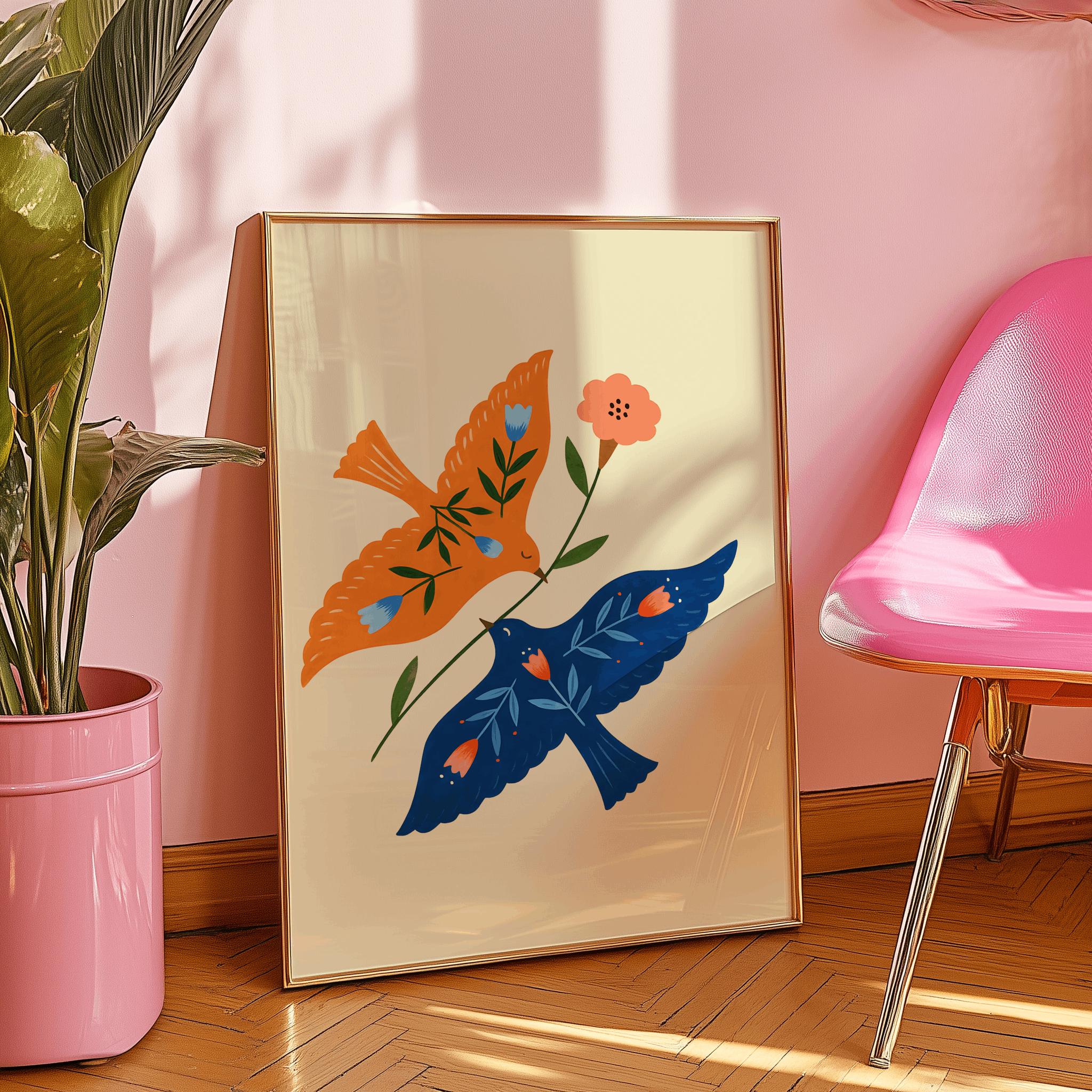 Scandinavian HummingBird Wall Art, Hummingbird Folk Art Print, Nature Folk Print, Scandinavian Decor, Farmhouse Wall Art, Digital Download