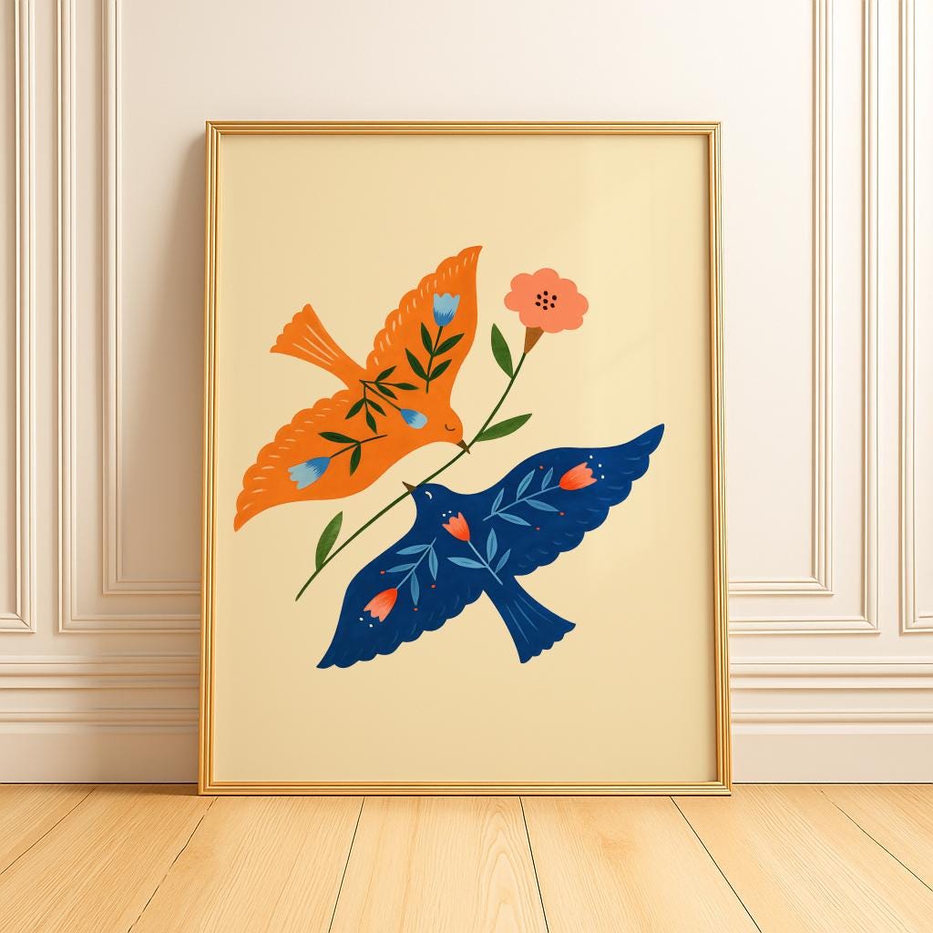 Scandinavian HummingBird Wall Art, Hummingbird Folk Art Print, Nature Folk Print, Scandinavian Decor, Farmhouse Wall Art, Digital Download