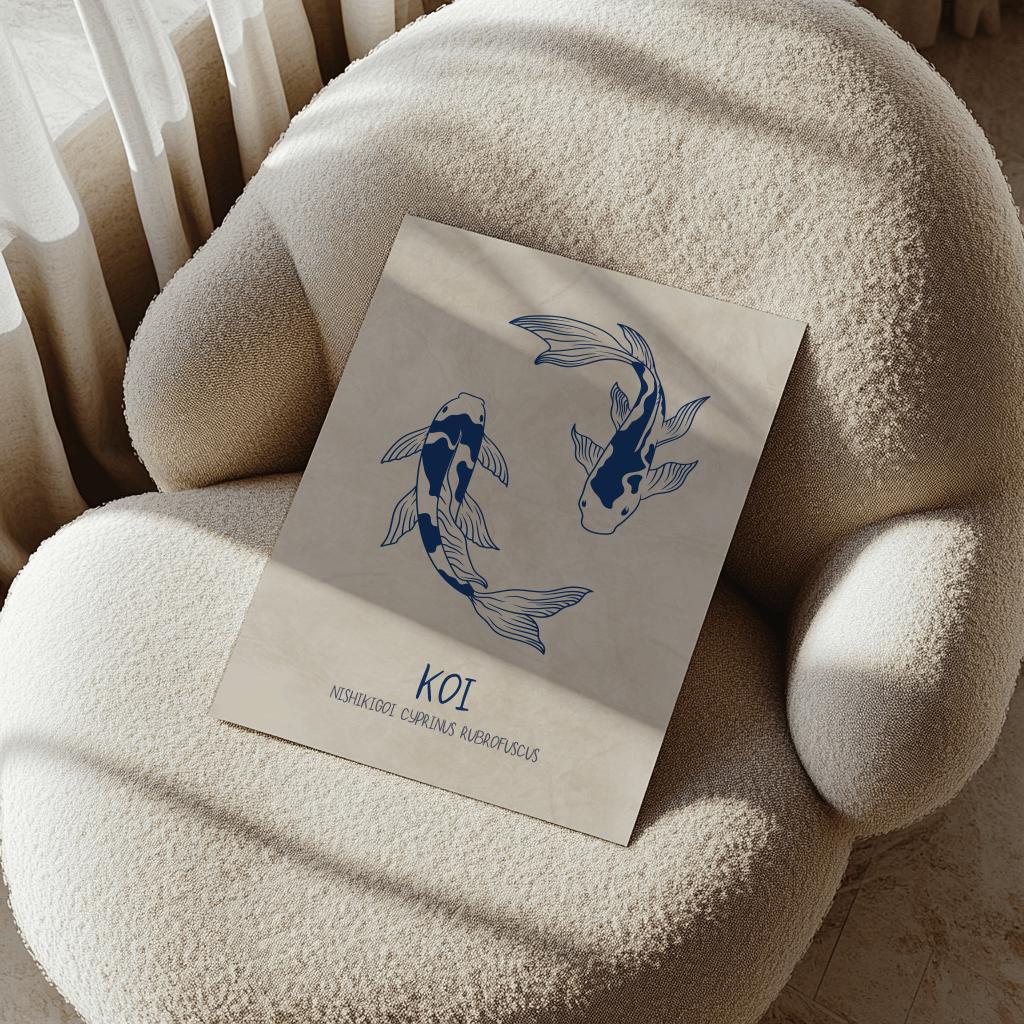 Japanese Koi Fish Art Print – Minimalist Blue Zen Wall Decor (Digital Download)