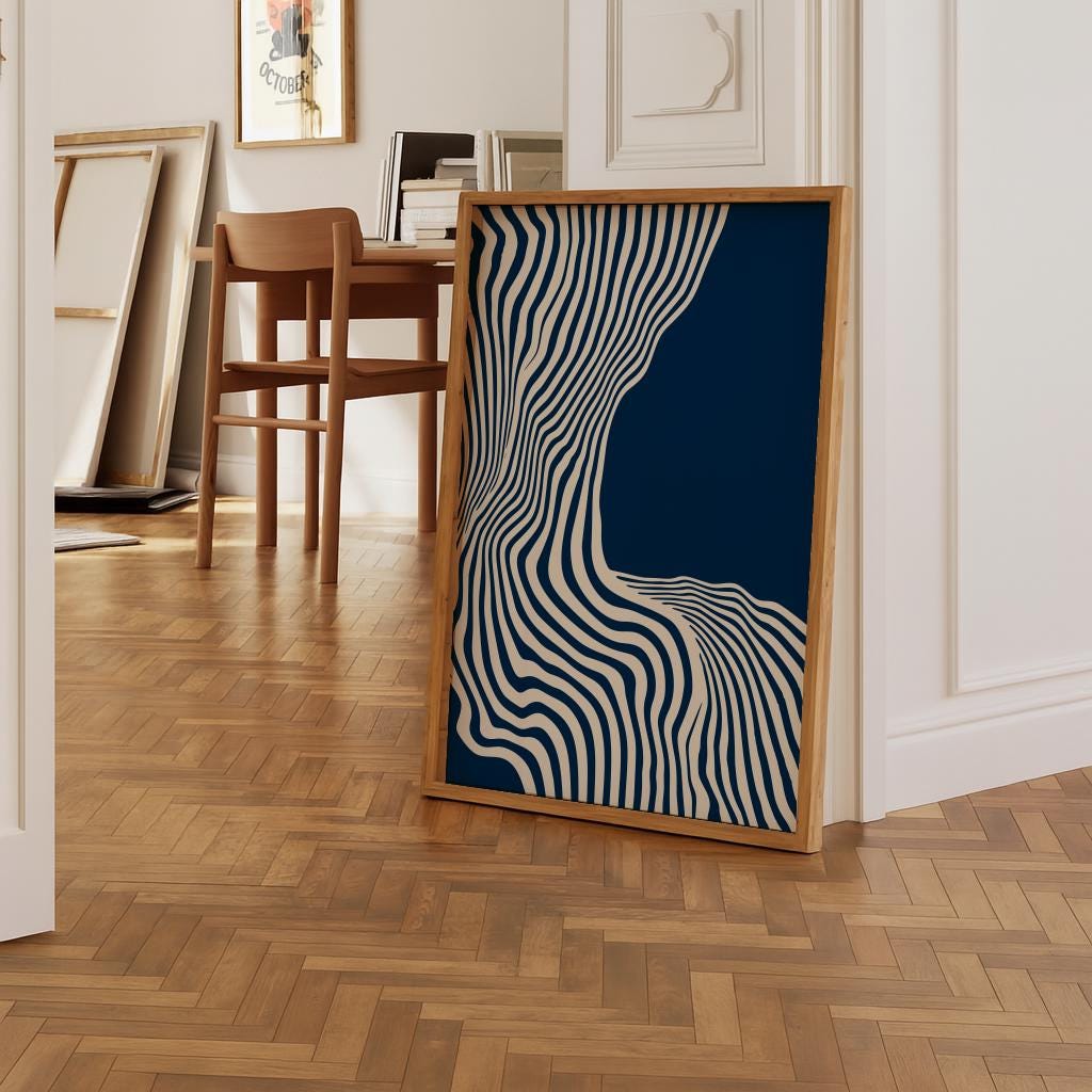 Blue Mid-Century Abstract Art Print – Modern Wavy Line Poster | Digital Download