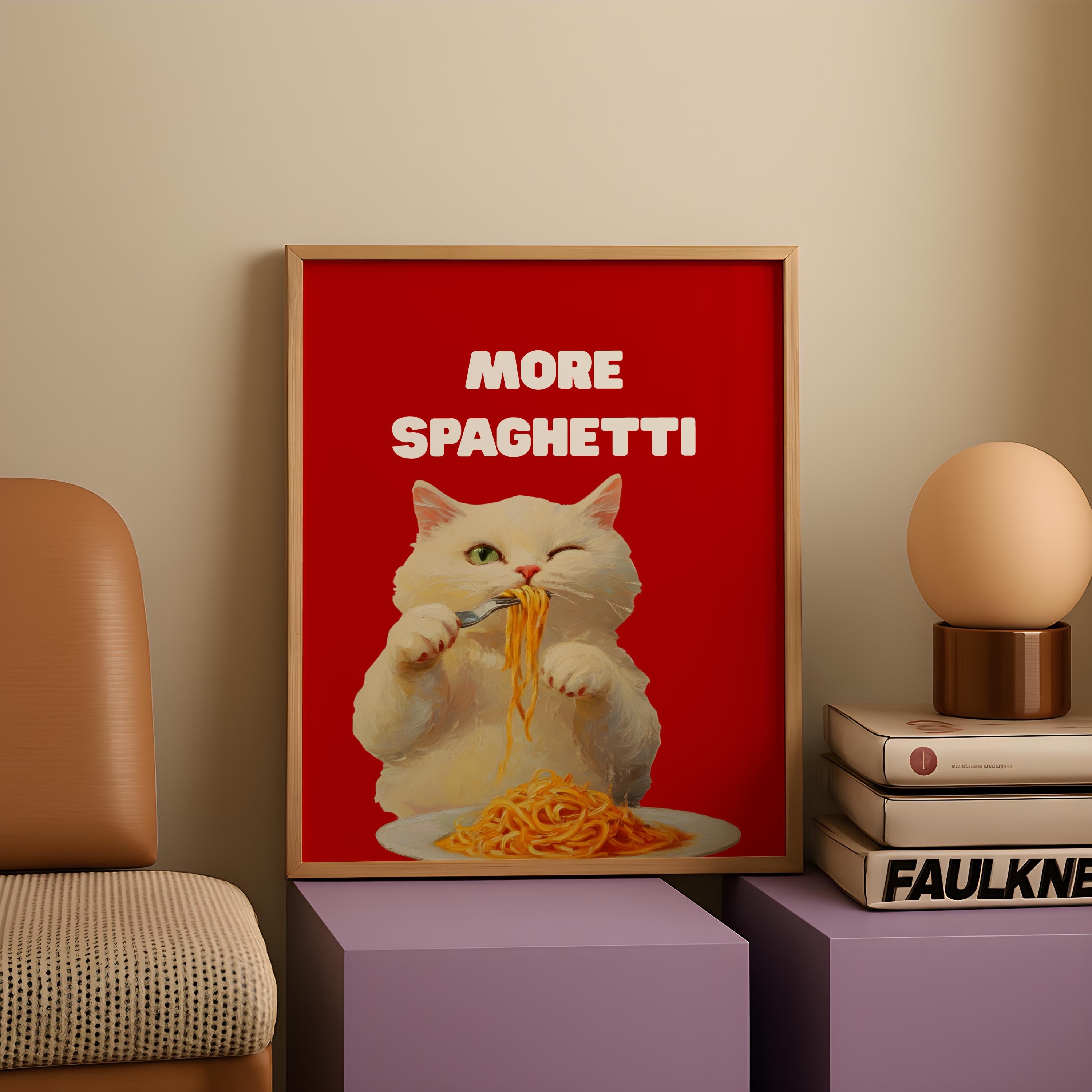 Hungry Cat Spaghetti Poster – Funny Kitchen Wall Art (Digital Download)