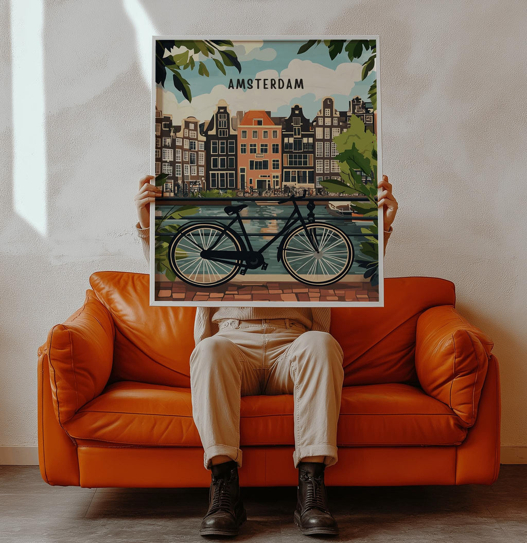 Amsterdam Travel Art Print – Netherlands Canal & Bicycle Poster (Digital Download)