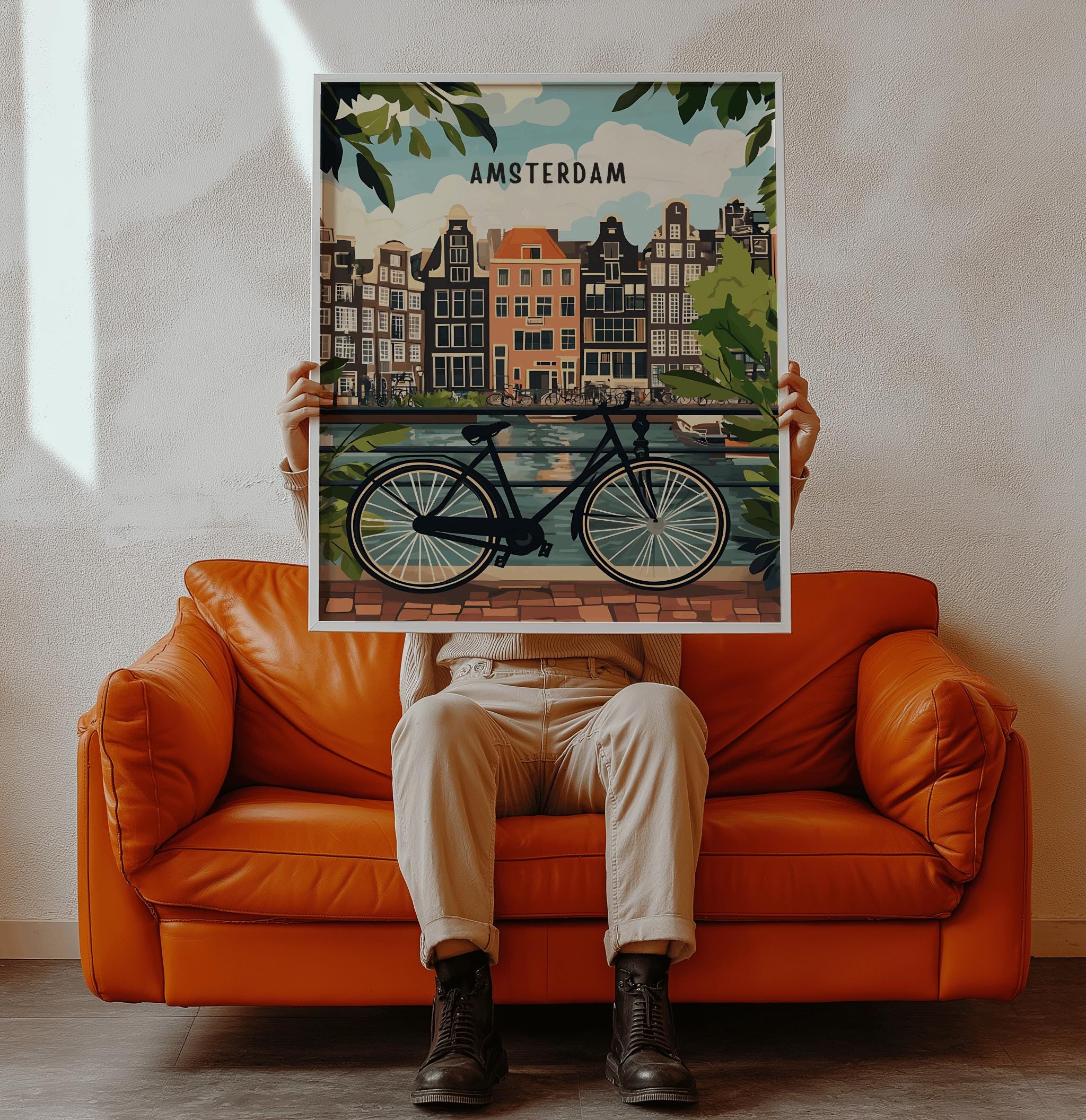 Amsterdam Travel Art Print – Netherlands Canal & Bicycle Poster (Digital Download)