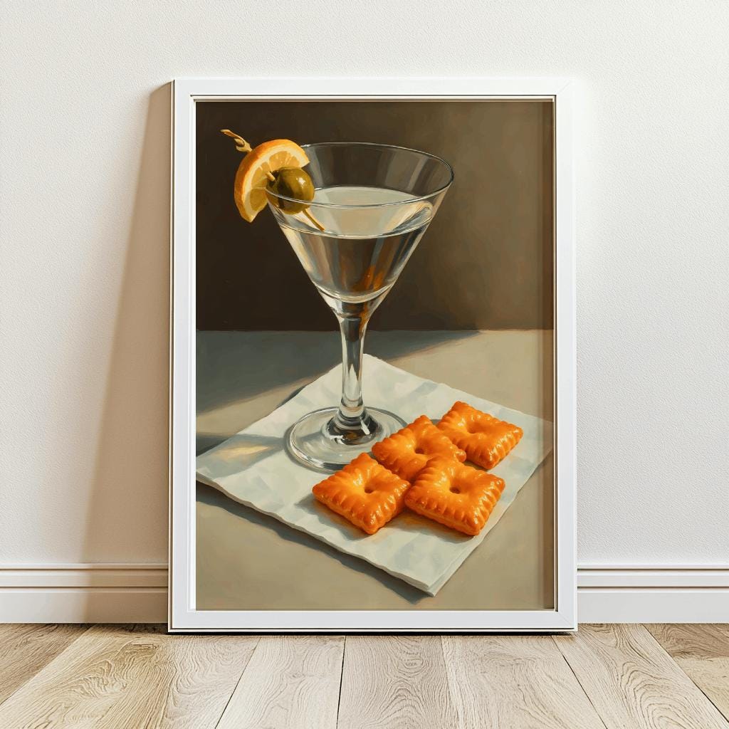 Martini & Crackers Art Print – Vintage Cocktail Bar Decor (Digital Download)