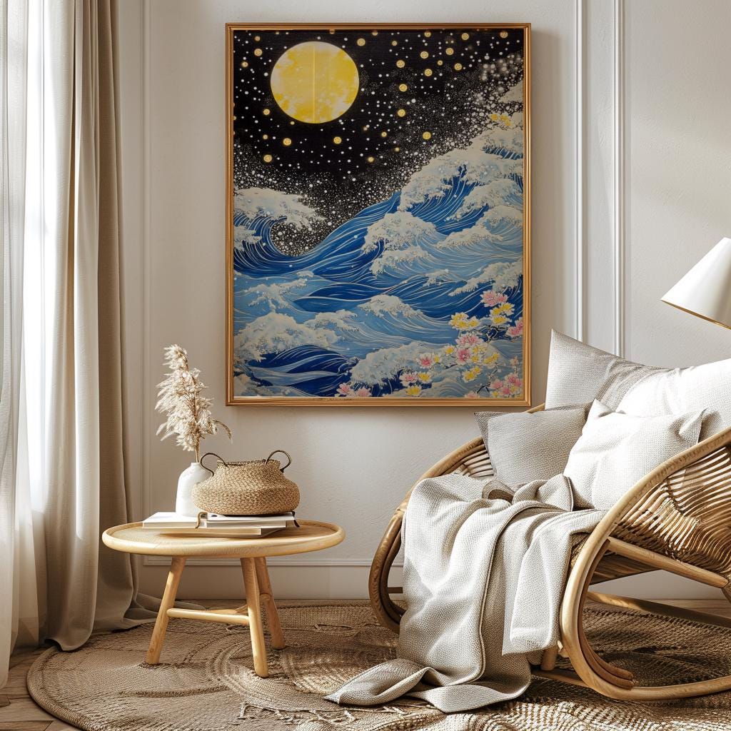 Blue Waves Japandi Wall Art Print, Navy Blue and Gold Japanese Poster (Digital Download)