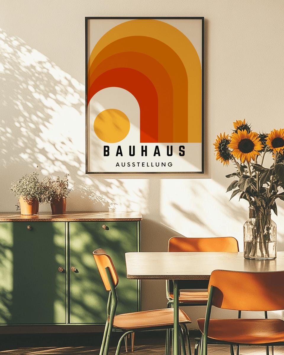 Orange Bauhaus Exhibition Poster – Mid-Century Modern Geometric Wall Art (Digital Download)
