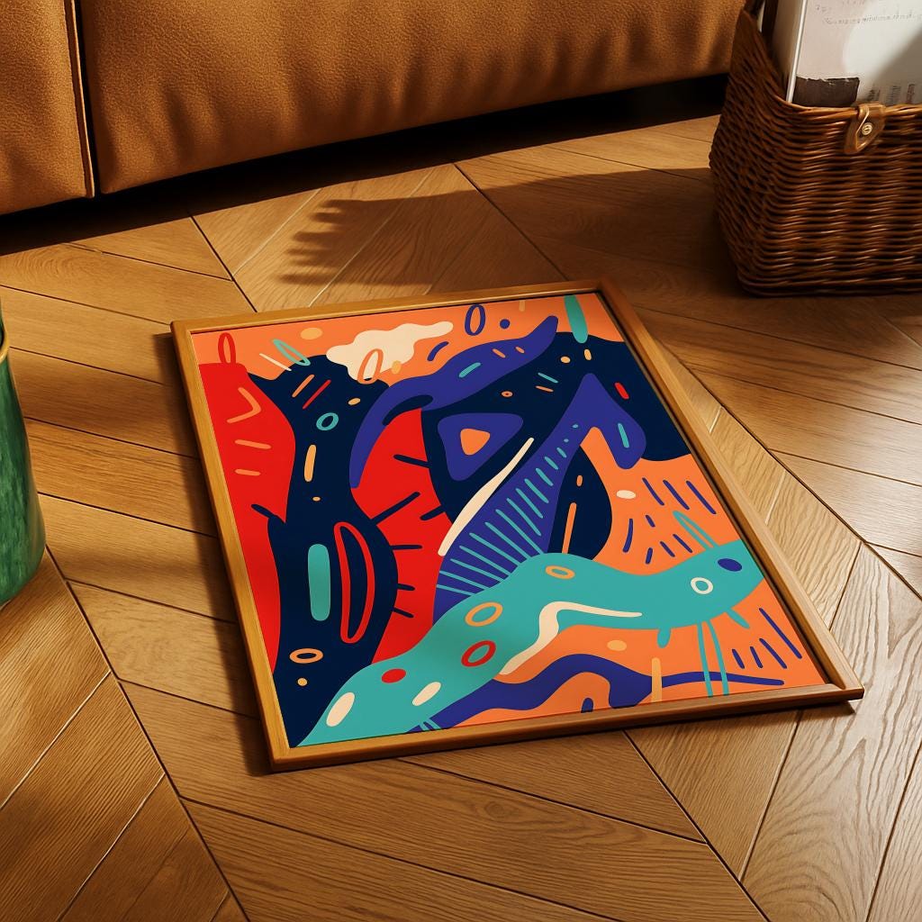 Blue & Orange Abstract Poster – Retro Wavy Line Modern Art Print | Digital Download