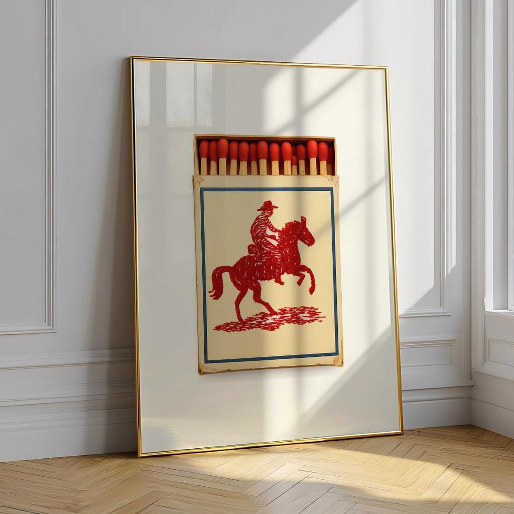 Cowboy Matchbook Poster – Red Rider on Horse, Cobalt Blue Border, Digital Download