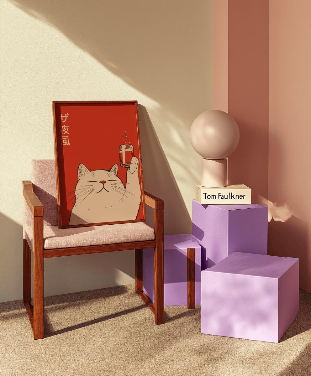 Retro Japanese Cat Bar Print – Mid-Century Modern Kitchen Wall Art (Digital Download)