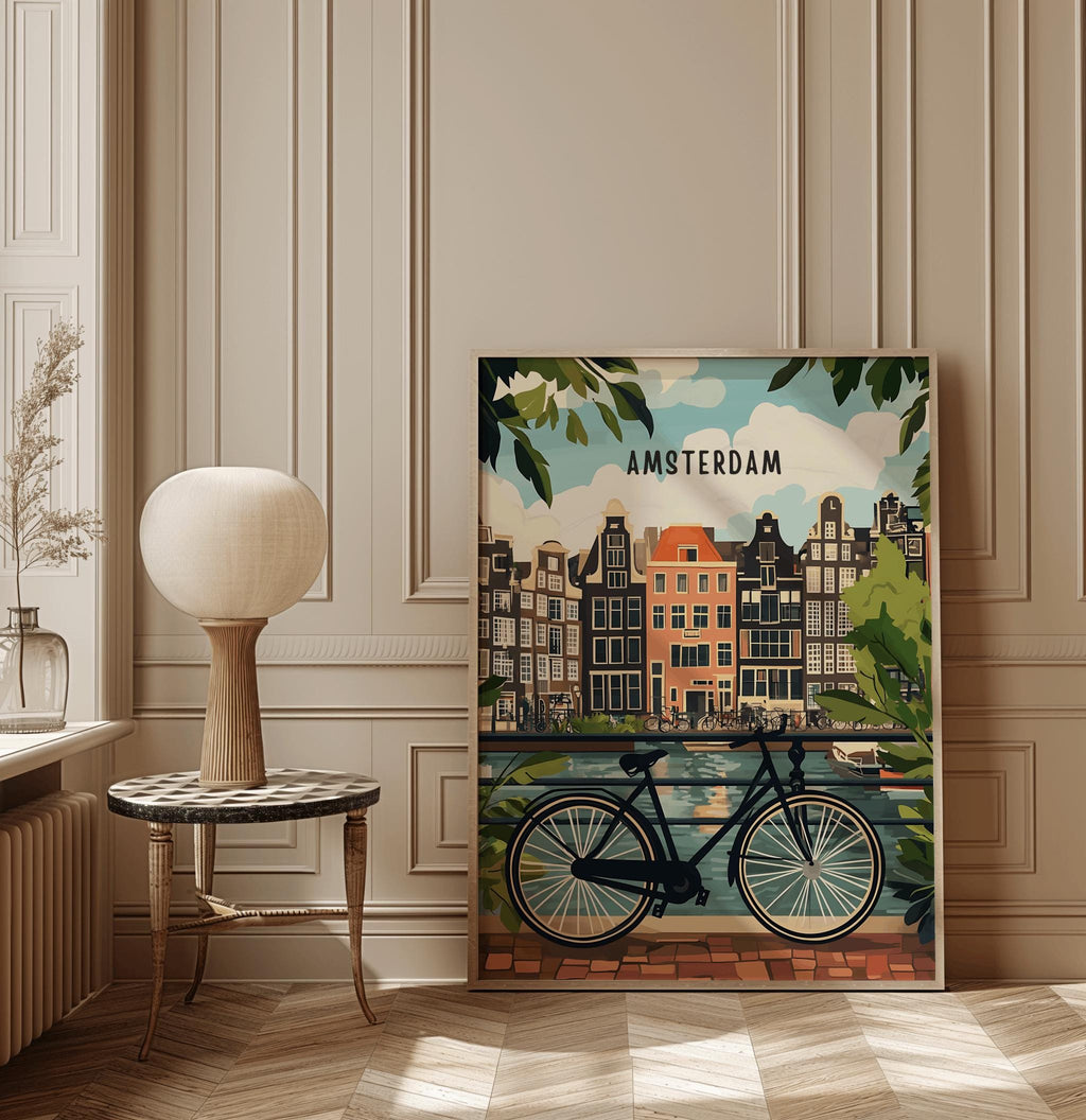 Amsterdam Travel Art Print – Netherlands Canal & Bicycle Poster (Digital Download)