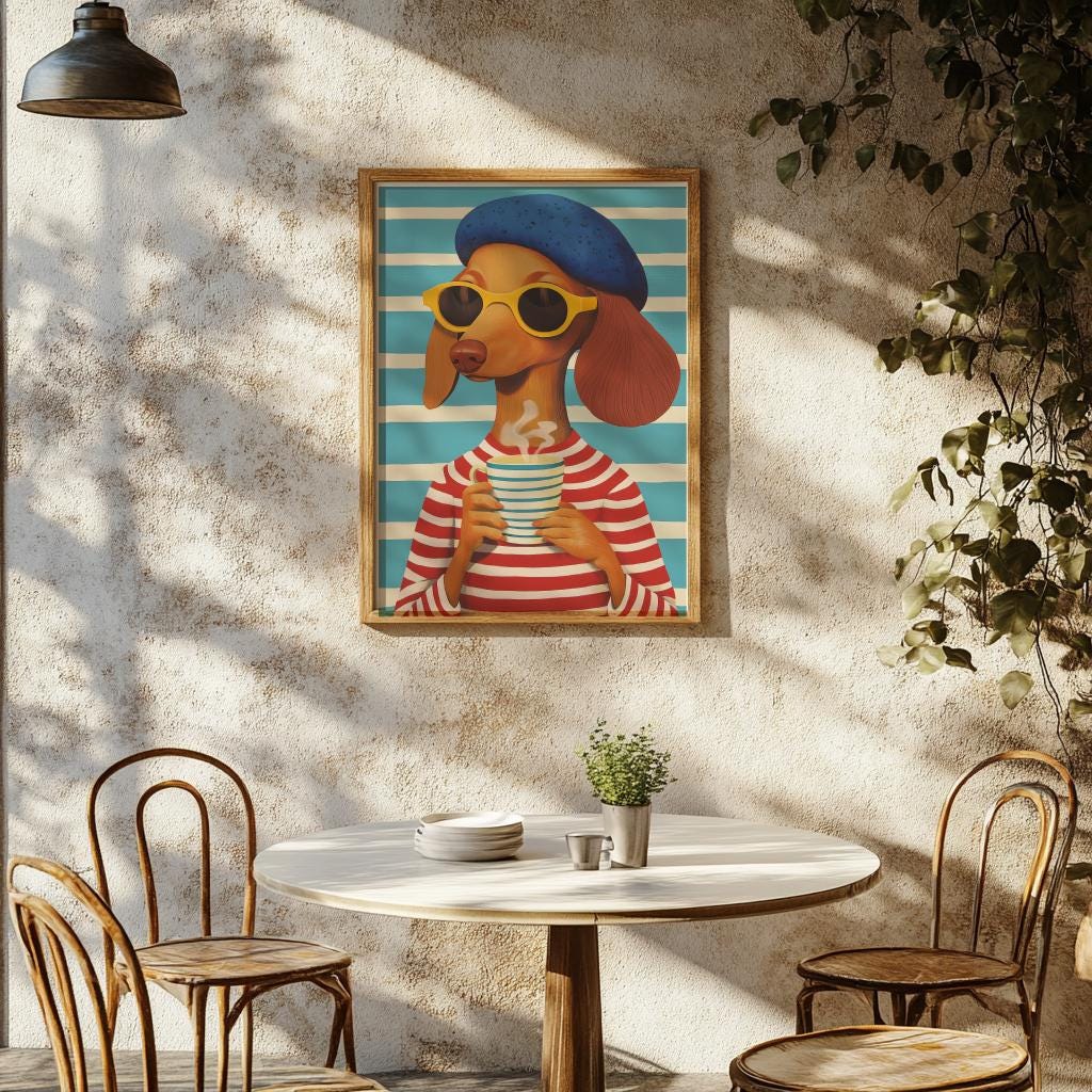 Coffee Lover Dog Art Print – Whimsical Mid-Century Wall Art (Digital Download)