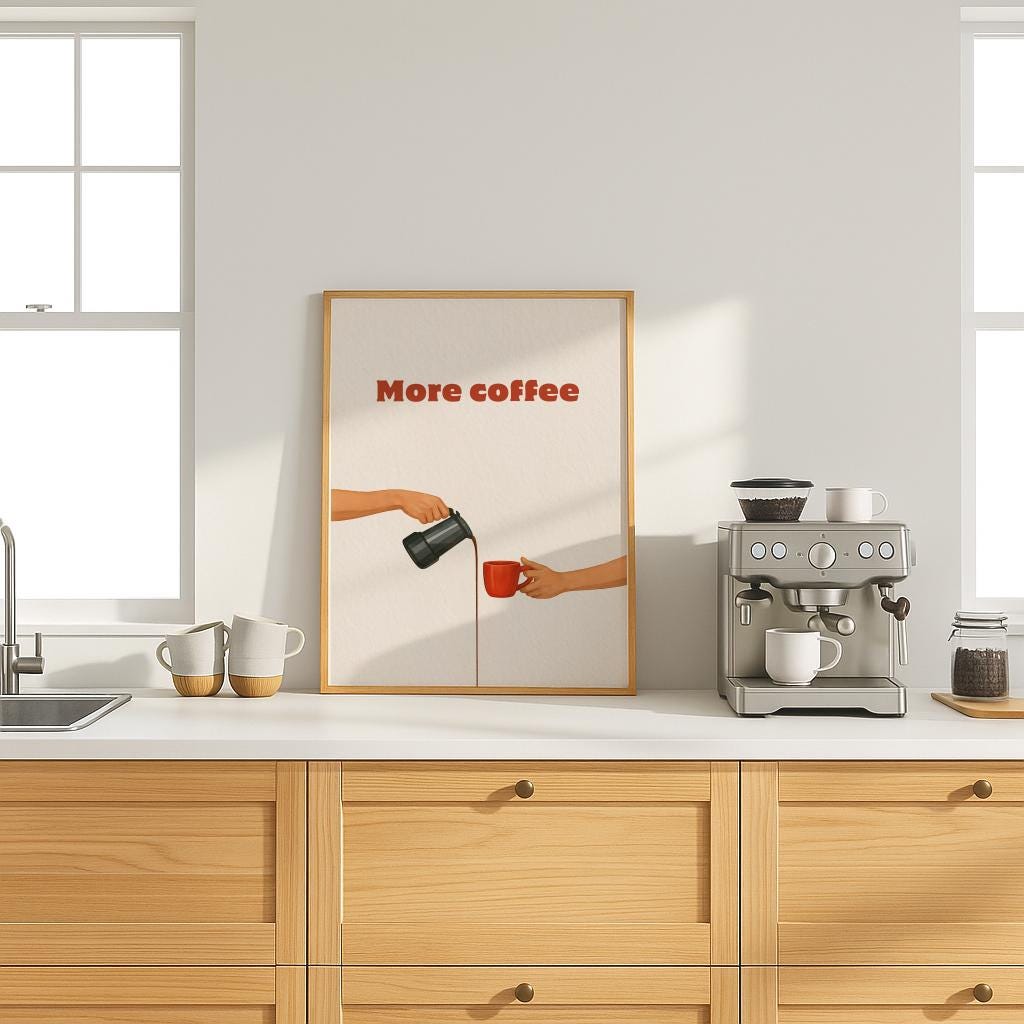 More Coffee Poster – Italian Moka Pot Wall Art, Retro Kitchen Print (Digital Download)