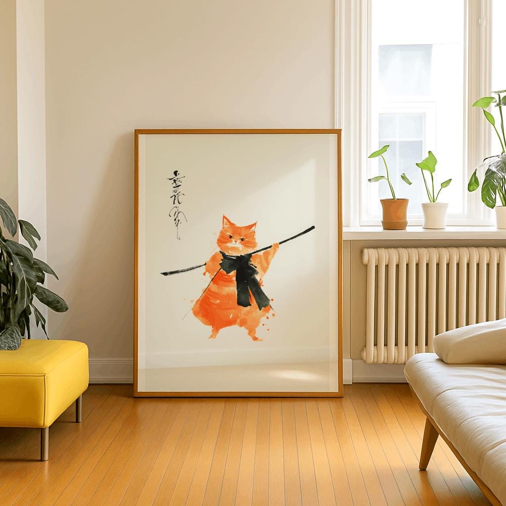 Japanese Samurai Cat Poster – Orange Watercolor Sumi-e Art Print (Digital Download)