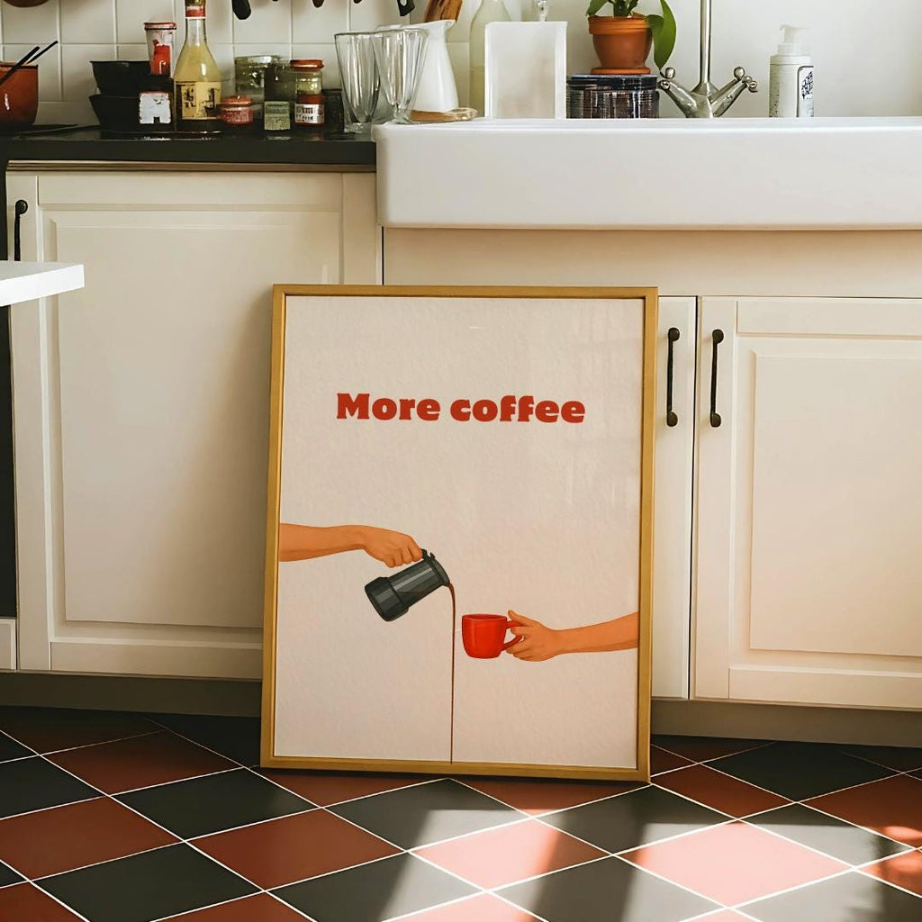 More Coffee Poster – Italian Moka Pot Wall Art, Retro Kitchen Print (Digital Download)