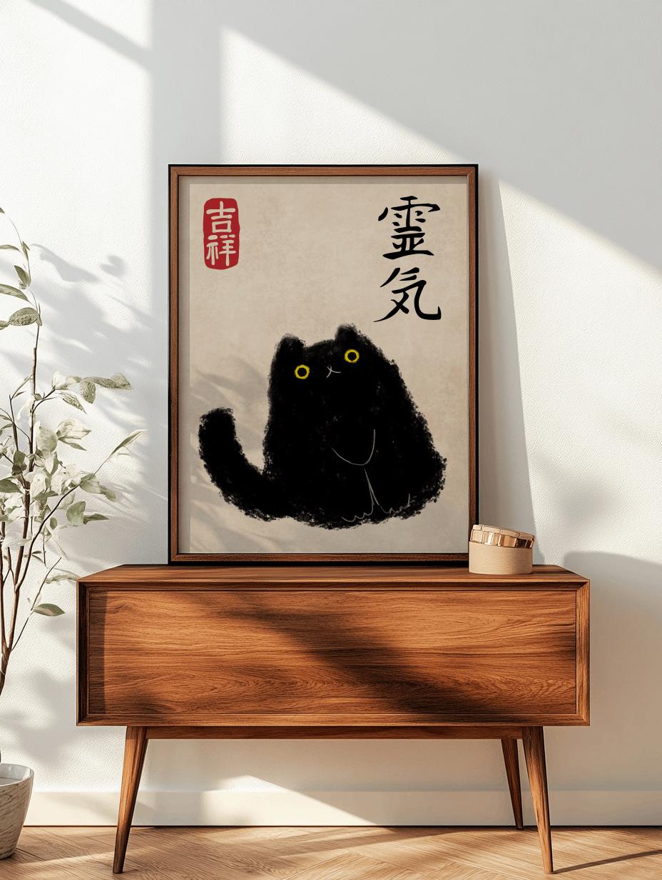 Black Cat Japanese Art Print – Cute Vintage Woodblock Style Poster (Digital Download)