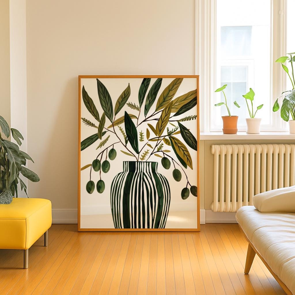 Scandinavian Olive Vase Art Print – Minimal Botanical Still Life Poster (Digital Download)