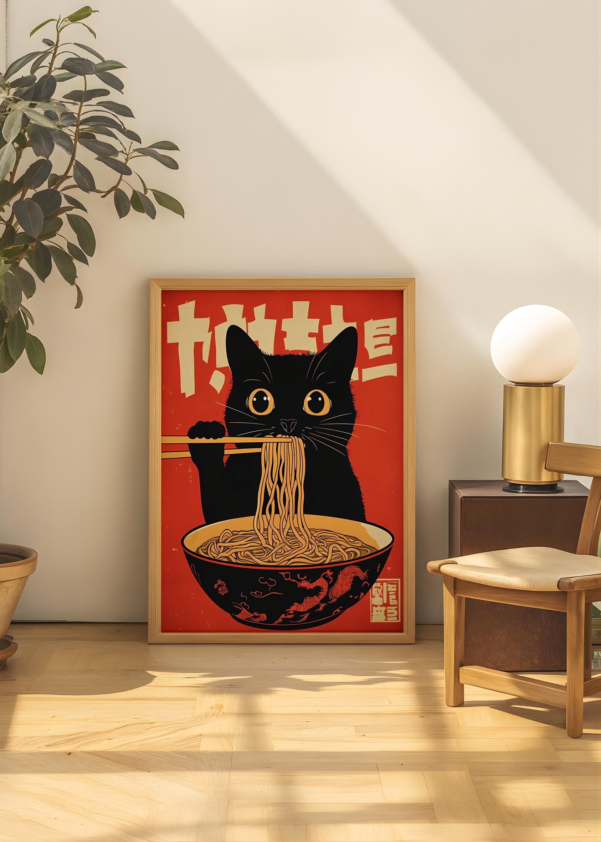 Vintage Cat Ramen Poster – Japanese Noodle Bowl Wall Art, Retro Kitchen Print (Digital Download)