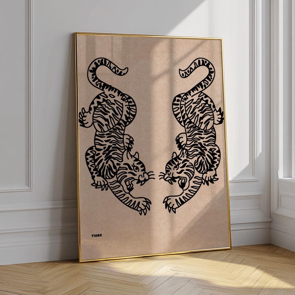 Minimalist Japanese Tiger Art Print – Twin Tiger Wall Art, Vintage Line Drawing Poster (Digital Download)