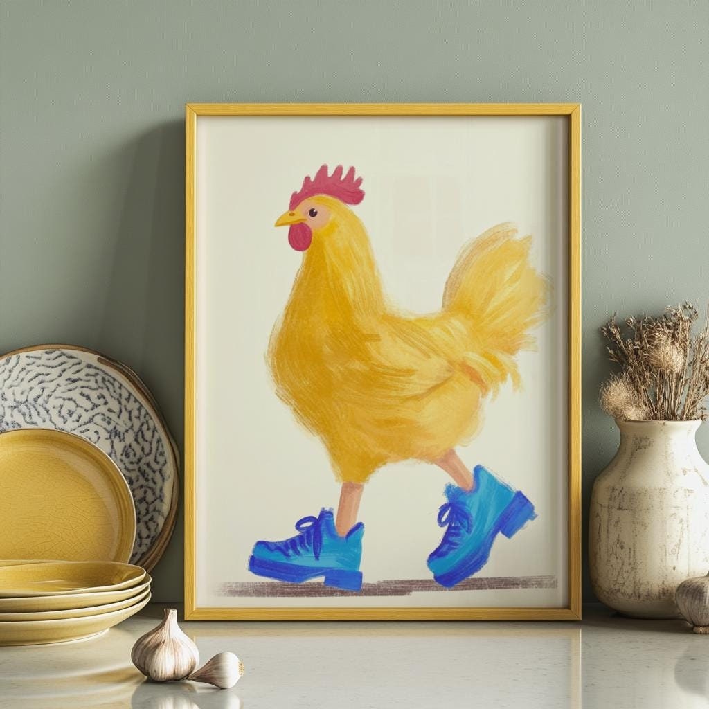 Funny Chicken Art Print – Cute Yellow Hen in Blue Boots | Kids Room Wall Art (Digital Download)