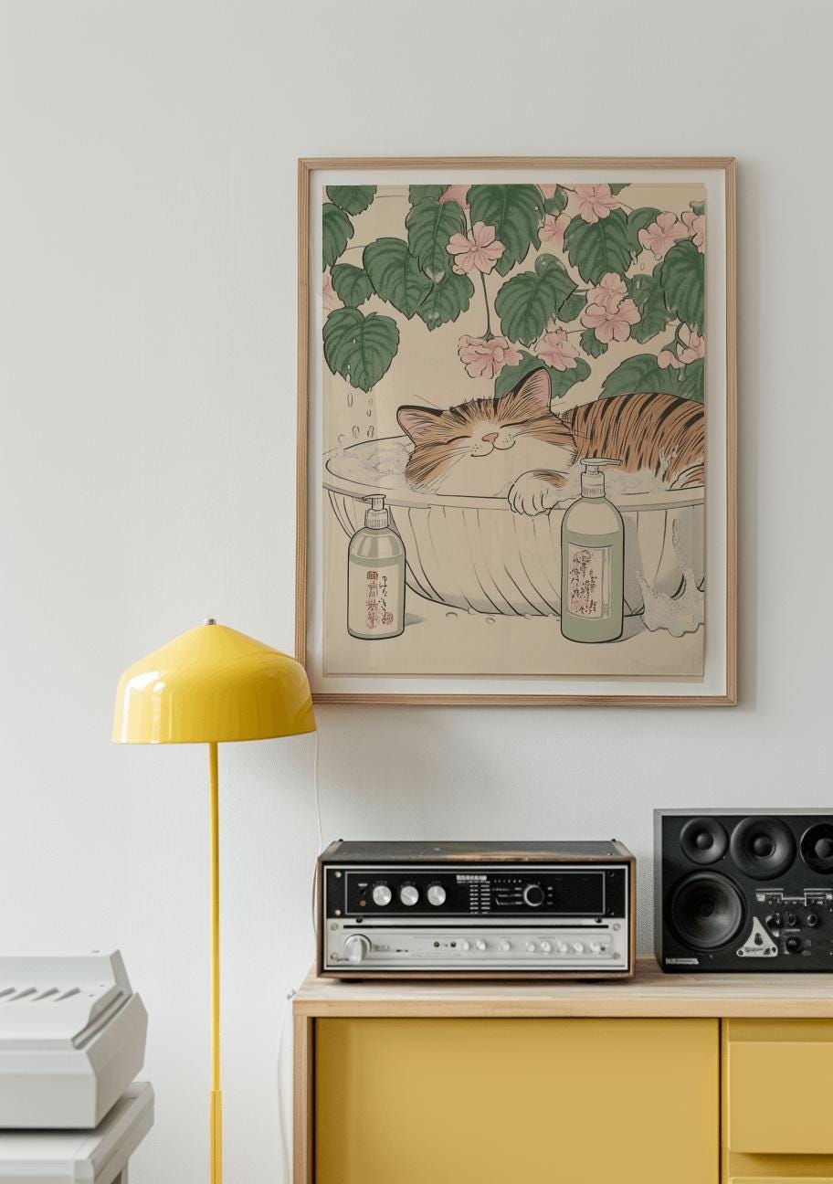 Japanese Cat Bath Poster – Cute Tabby in Bathtub Art Print | Digital Download