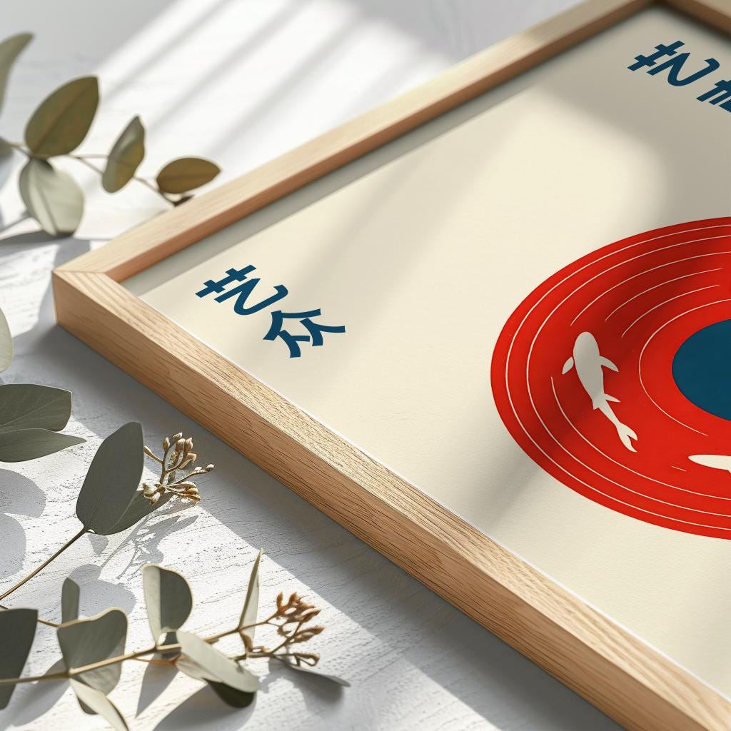 Japanese Retro Music Poster – Red Vinyl Art Print, Minimal Japanese Wall Art, Digital Download