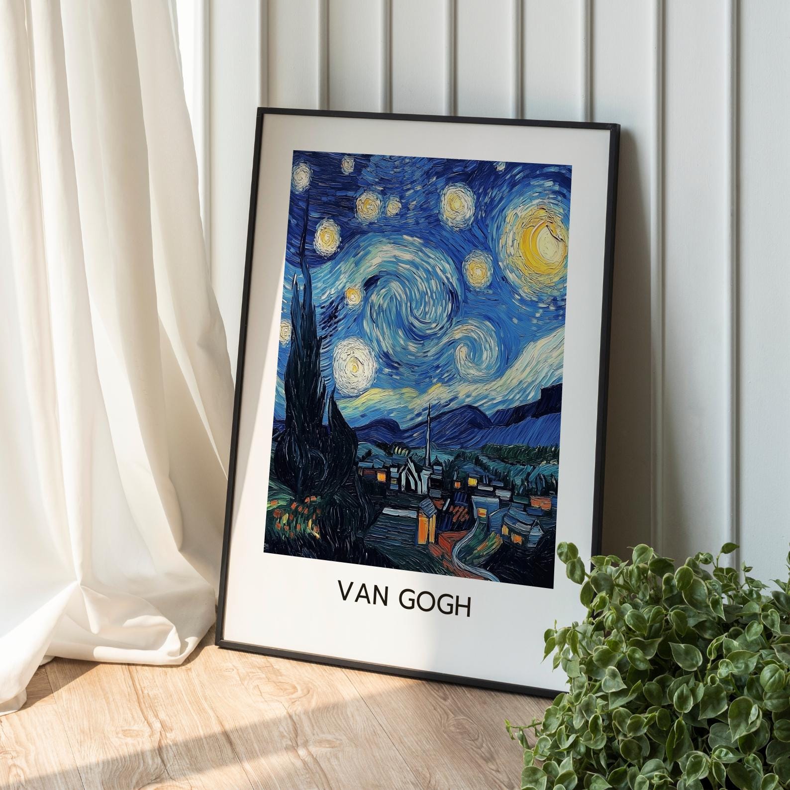 Starry Night Inspired Print – Van Gogh Style Wall Art, Blue Night Landscape (Digital Download)