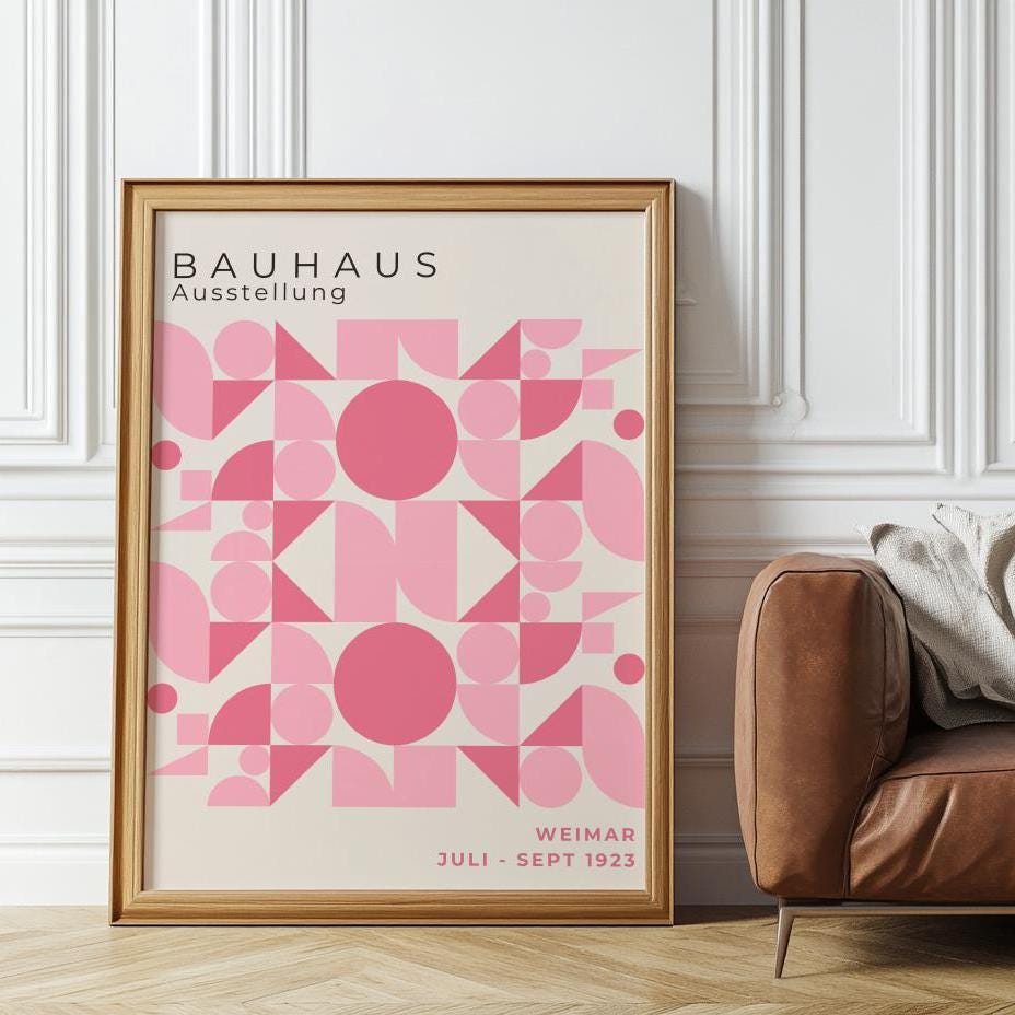 Pink Bauhaus Exhibition Poster – Mid-Century Geometric Wall Art (Digital Download)